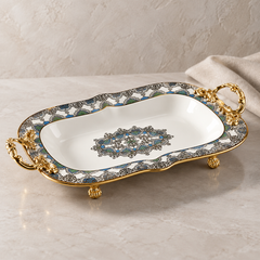 Lemon Tree LT Platter G Rect | Premium Rectangular Serving Platter with Ornate Gold Handles