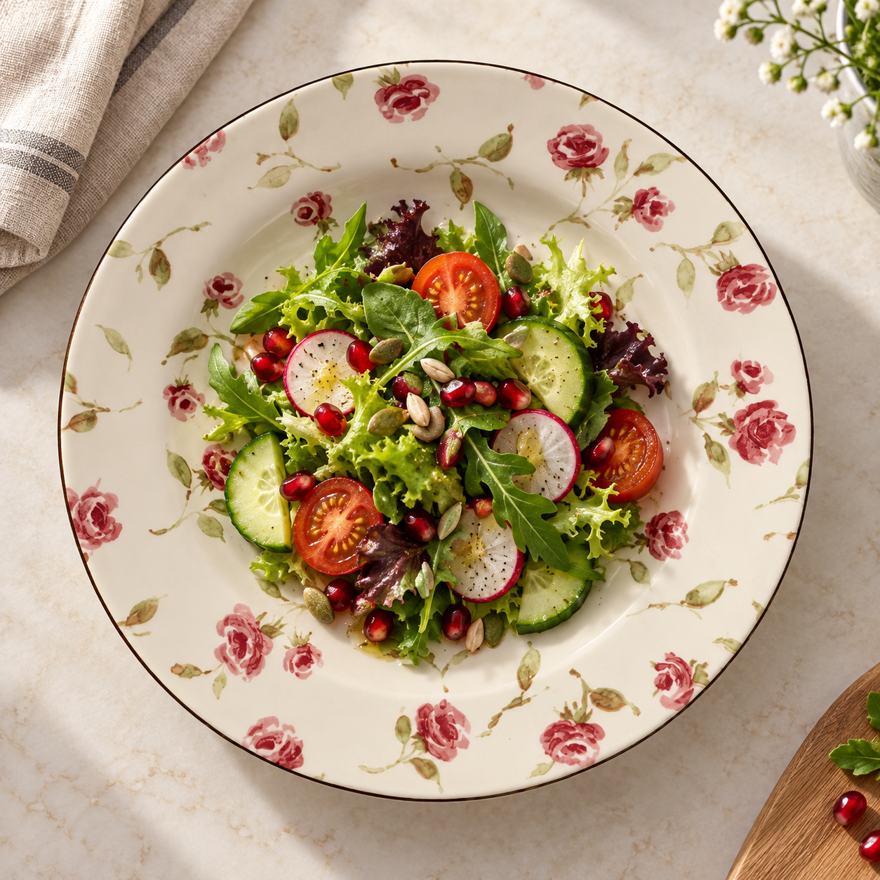 Devnow Floret Salad Plate | Elegant Floral Ceramic Plate with Gold Rim | Premium Tableware