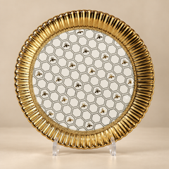 Devnow Royal Hive Round Platter | Premium Gold-Rimmed Decorative Serving Plate | Elegant Serveware