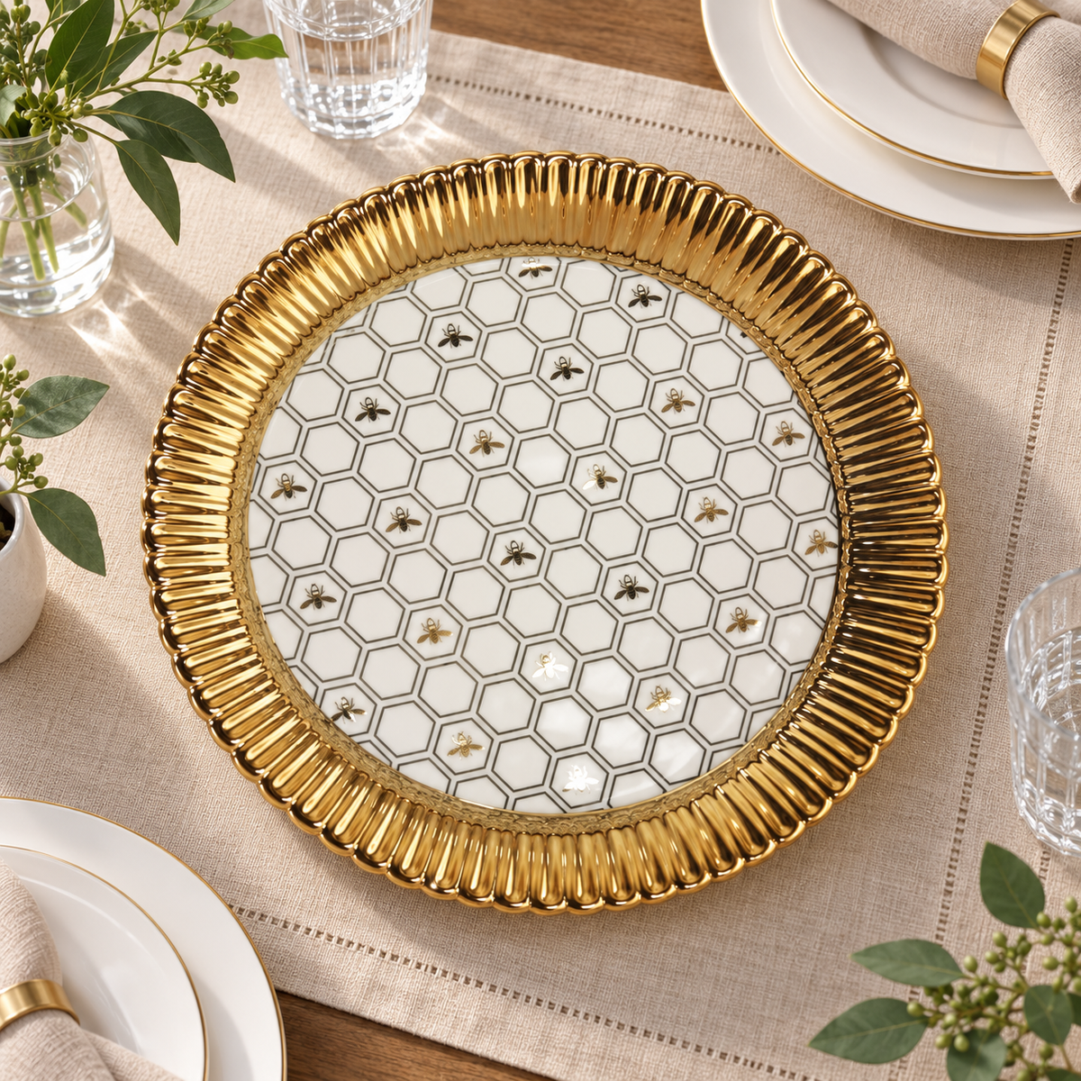 Devnow Royal Hive Round Platter | Premium Gold-Rimmed Decorative Serving Plate | Elegant Serveware