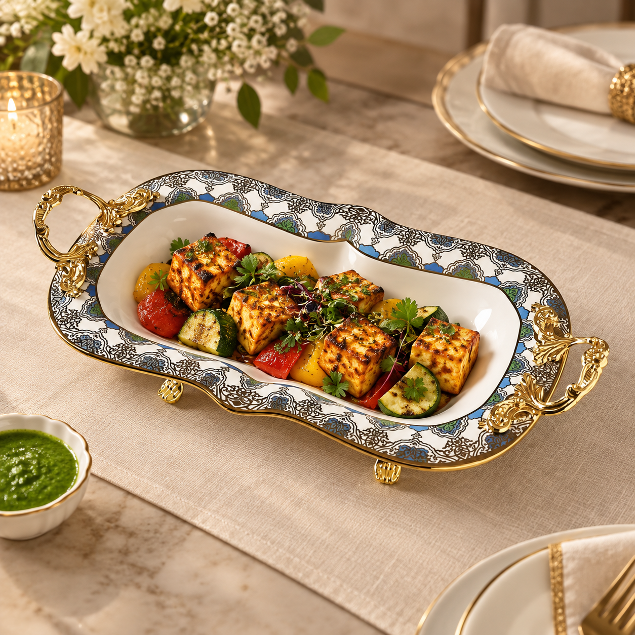 Lemon Tree LT Platter G Rect | Premium Rectangular Serving Platter with Ornate Gold Handles