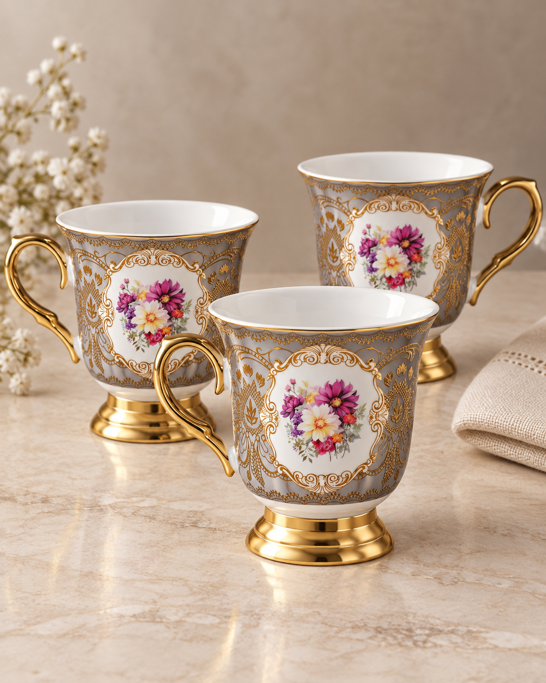 Vigneto V Golden Tea Cups 6 Pcs 215 | Premium Floral Tea Cup Set