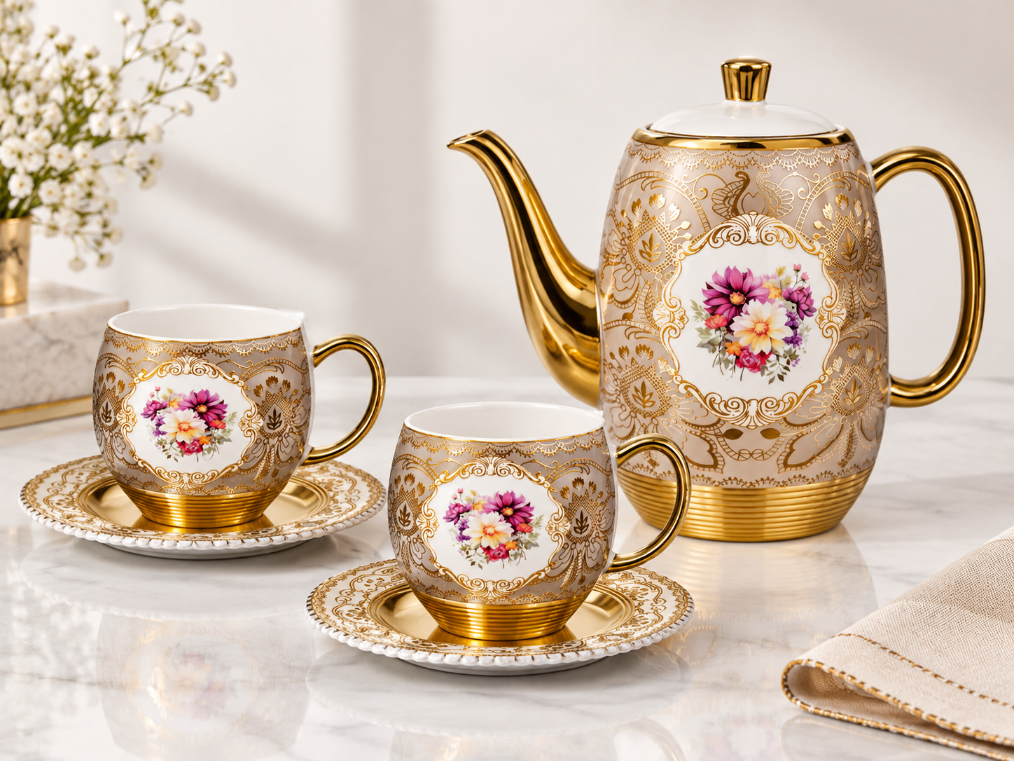 Vigneto V Tea Set Golden 215 – Elegant Gold Tea Cup & Saucer Set