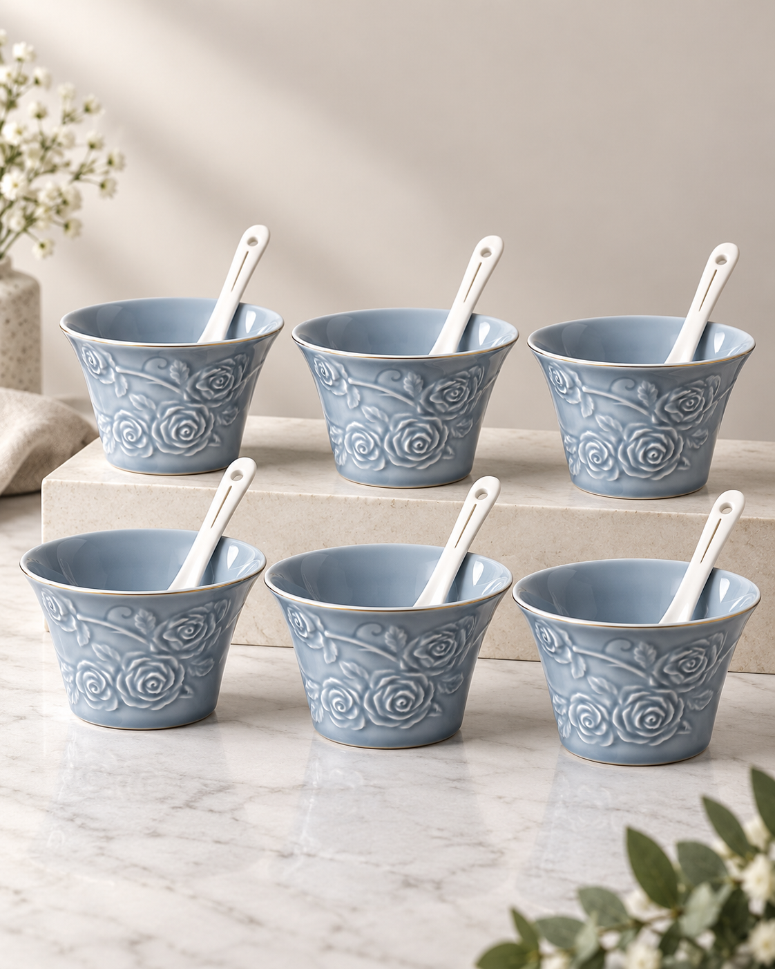 Vigneto V Blue Ice Cream Set 12 Pcs | Elegant Dessert Bowl Set