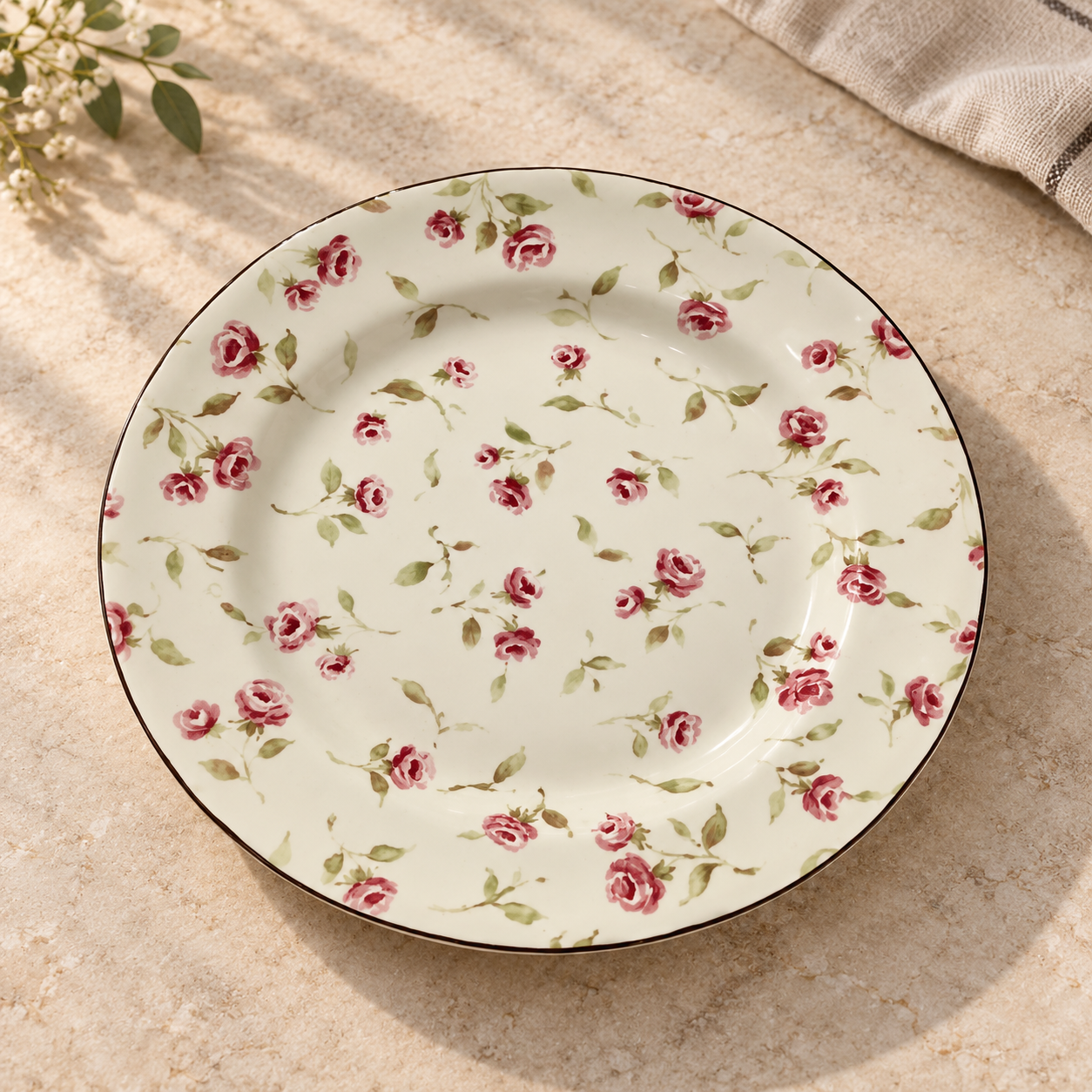 Devnow Floret Dinner Plate | Elegant Floral White Plate with Gold Rim | Premium Tableware