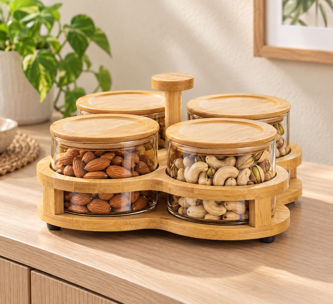 ShineMax Revo Round Candy Jar Set of 4 with Wooden Tray